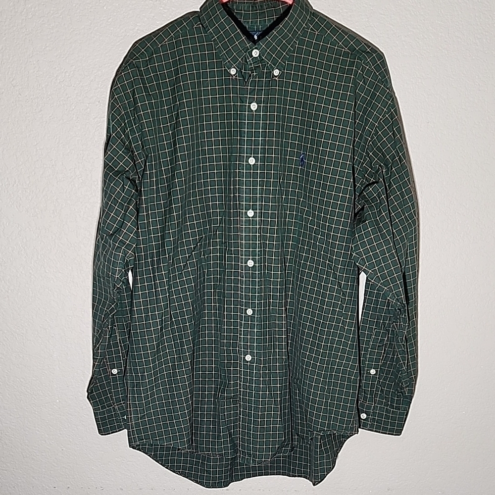Ralph Lauren Shirt Size L Blake Cottton Green Blue Pony Plaid Button Down